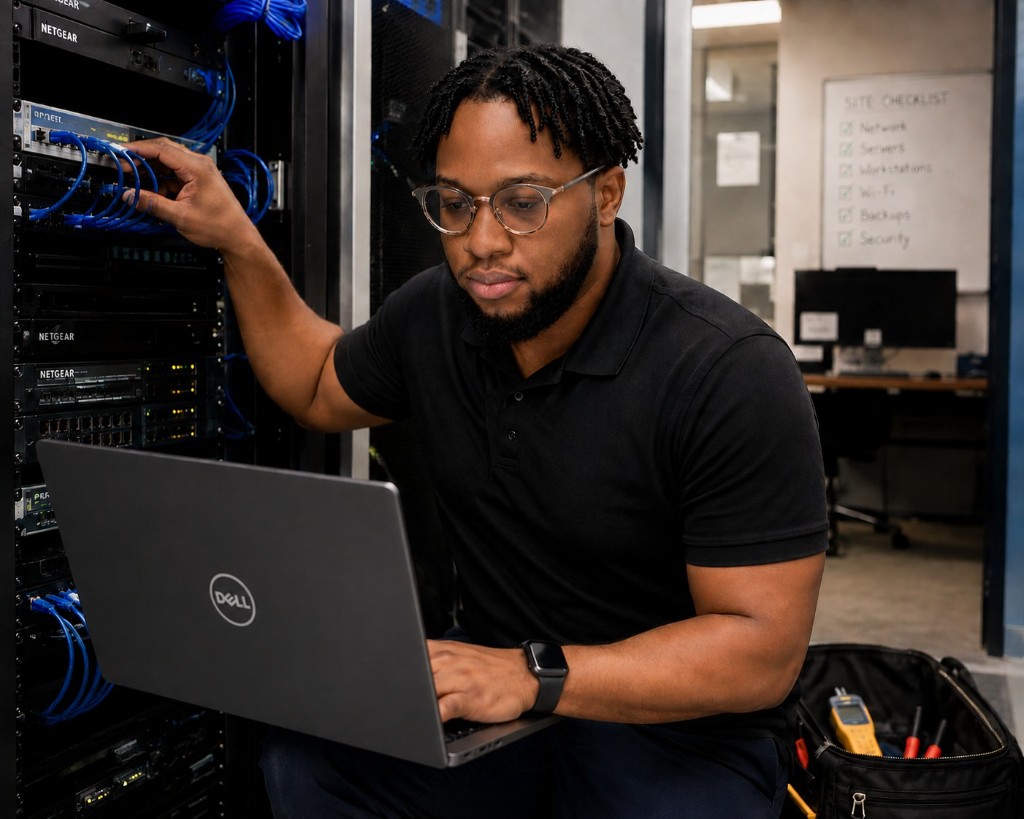 IT Dor technician configuring network equipment onsite